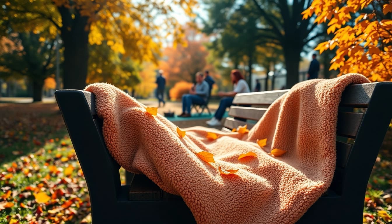 Fleece blanket placed on a bench, surrounded by autumn leaves, inviting warmth and comfort.