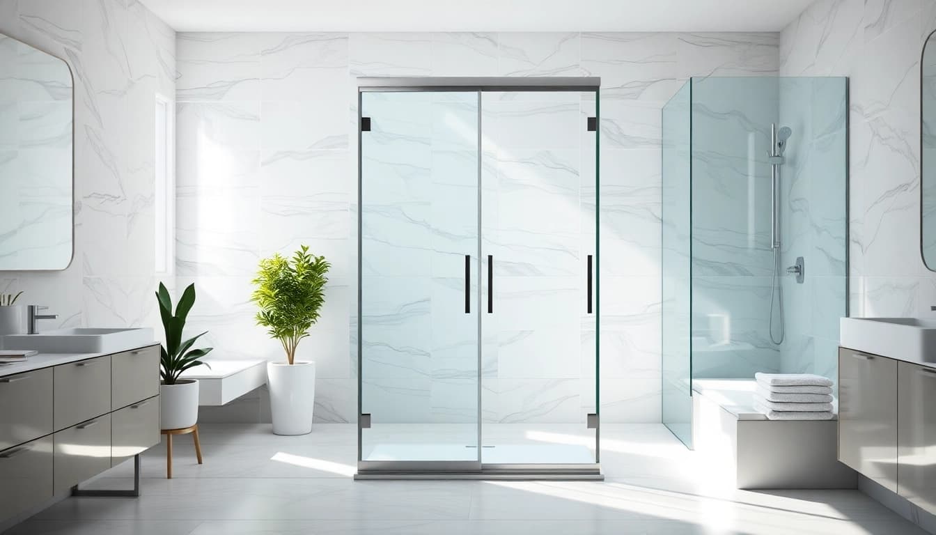 Elegant shower sliding doors in a vibrant, modern bathroom setting, showcasing sleek design.