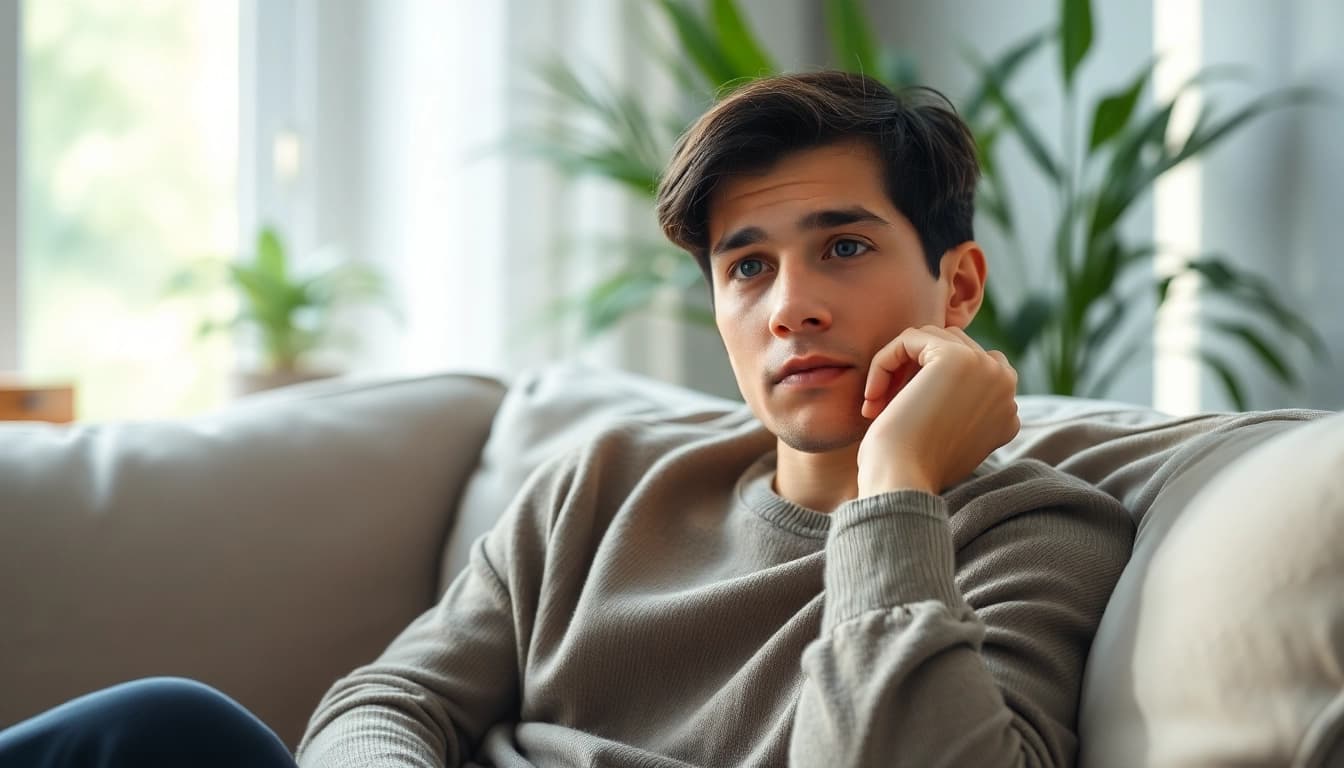 Understanding depression symptoms through serene imagery of a thoughtful individual in a calming environment.