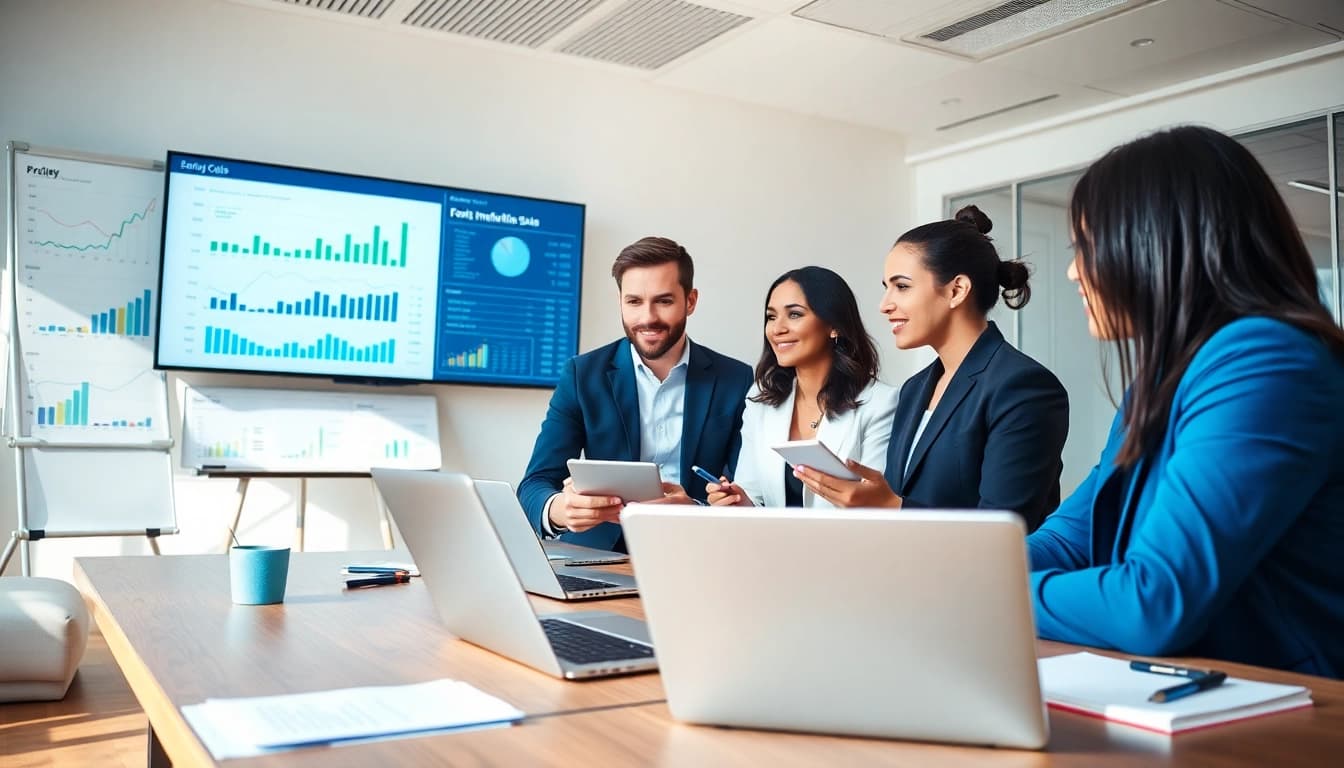 Analyze competitive intelligence for sales with a diverse team in a modern office.