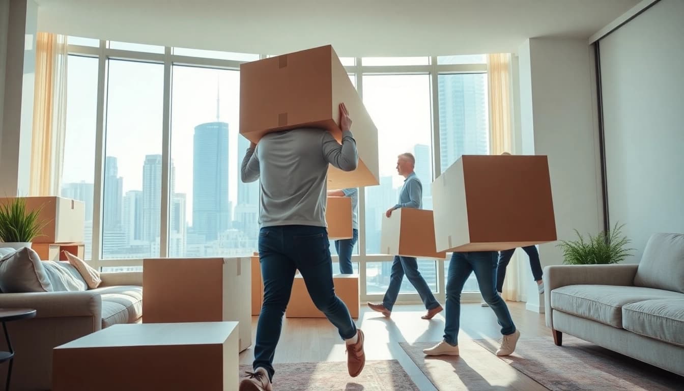 Efficient Toronto moving services in action as professional movers handle furniture in an urban setting.