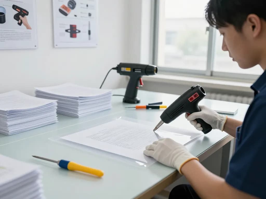 Bóc giấy ép uy tín hà nội service technician safely handling plastic-laminated document in a bright workshop.