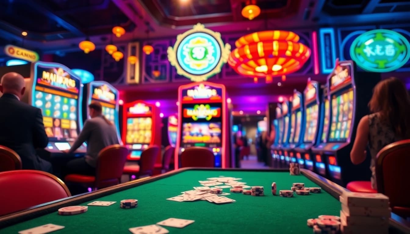 Experience the slot demo Mahjong as players spin the vibrant machines amidst the hustle of the casino, showcasing excitement.