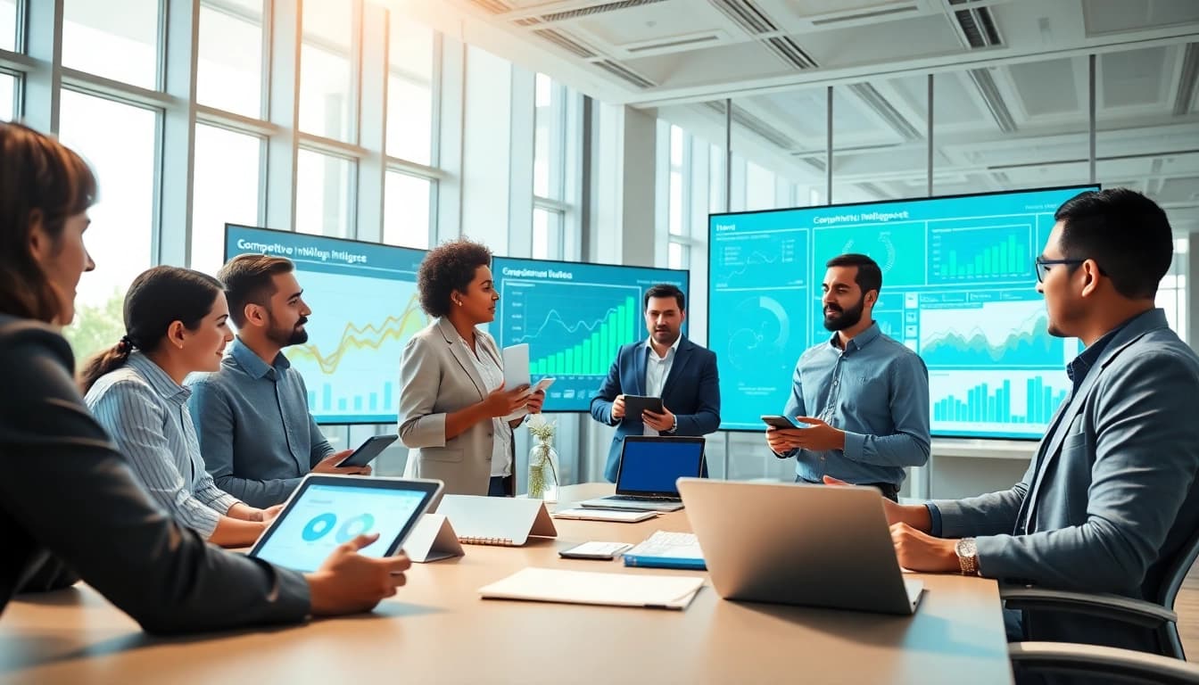 Showcase of competitive intelligence analysis by data analysts in a modern office setting.
