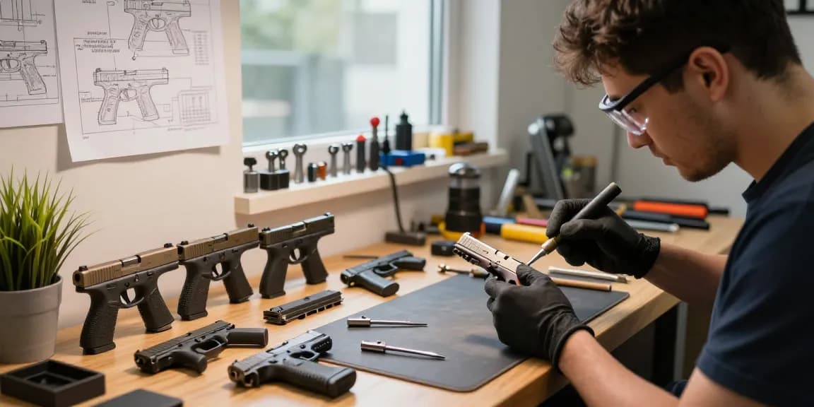Gunsmith working on Glock slides at https://precisionglockslides.com in well-lit workshop.