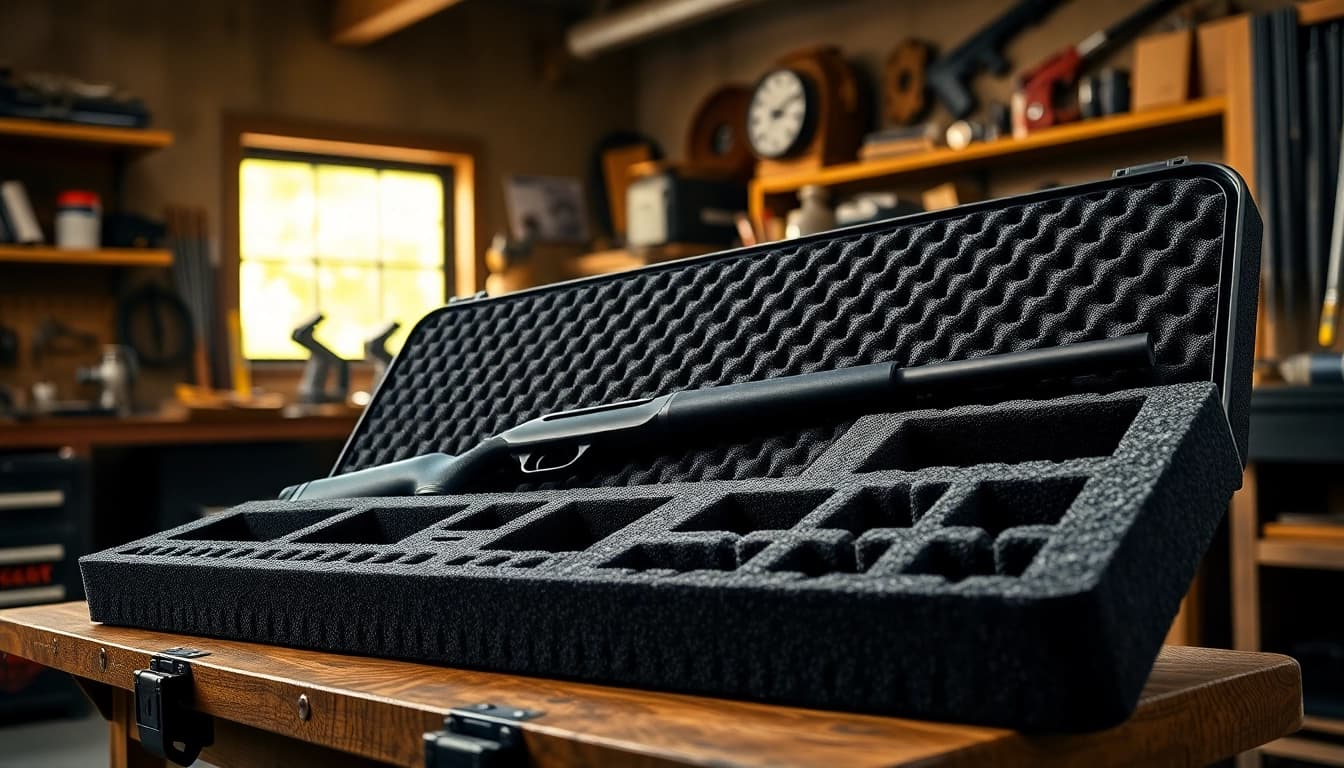 Showcase of foam for rifle case with compartments in a bright workshop setting.