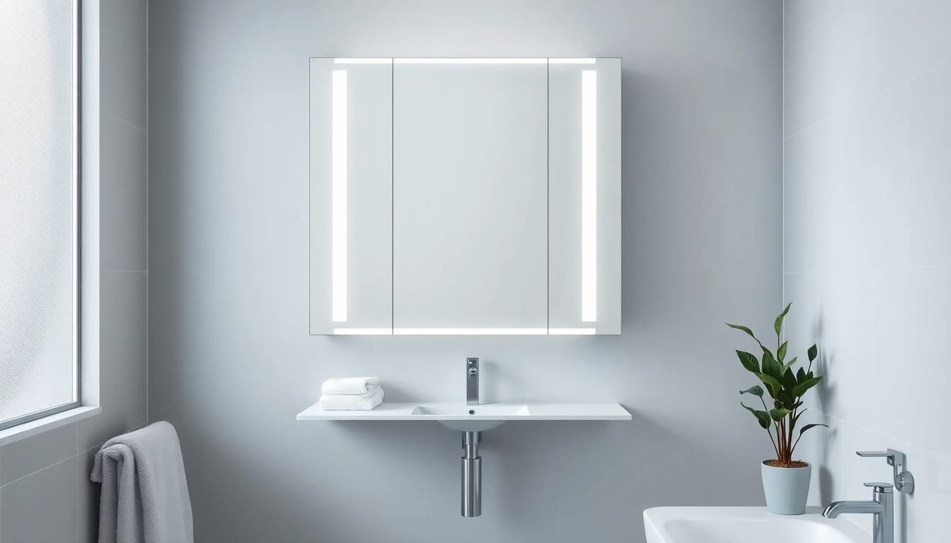 Explore a contemporary led bathroom mirror Cabinet in a stylish modern bathroom with soft lighting.