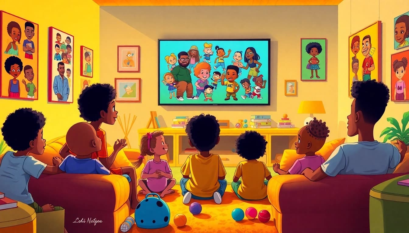 Diverse children joyfully watching African American cartoons in a cozy, colorful setting
