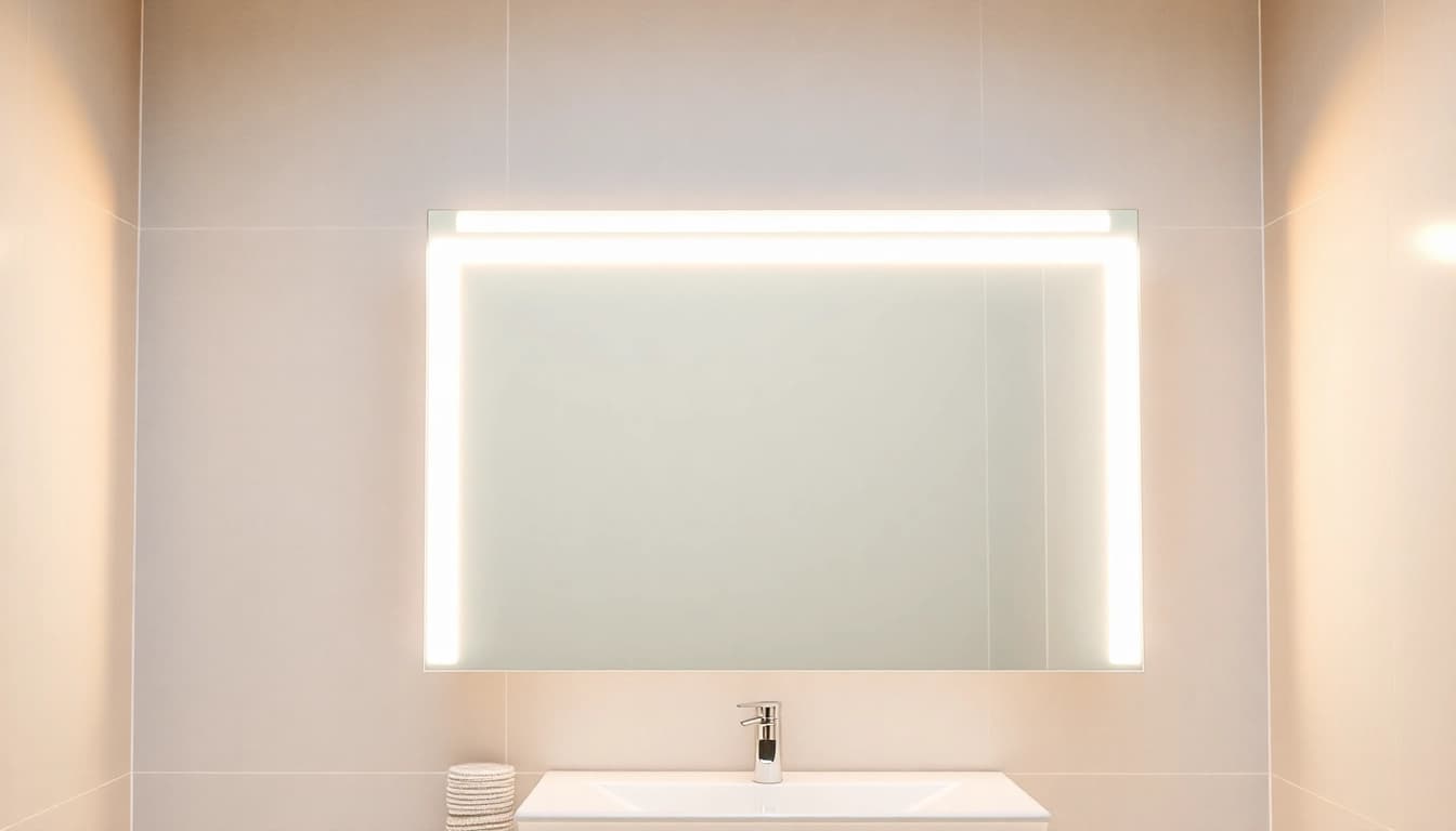 Spiegelschrank mit LED Beleuchtung im modernen Badezimmer-Design, bietet stilvolle Beleuchtung und Stauraum.