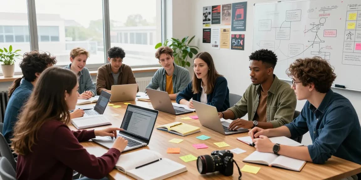 Students collaborating on projects at https://factors.org.uk in a bright, modern study space.