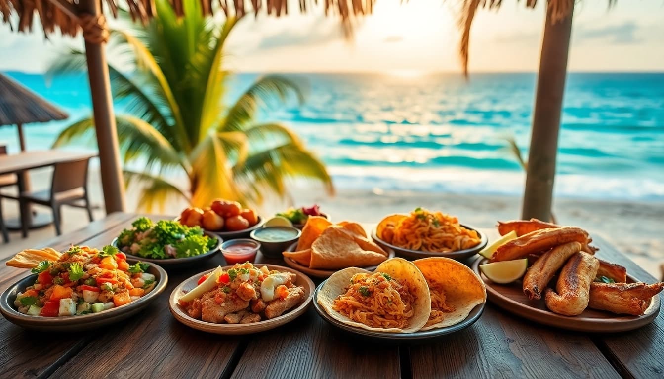 Cabo food recommendations showcased on a rustic wooden table in a tropical beach setting.