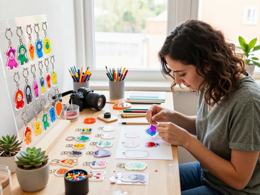 Colorful acrylic keychains being crafted in a bright workspace, showcasing vibrant designs and creative tools.