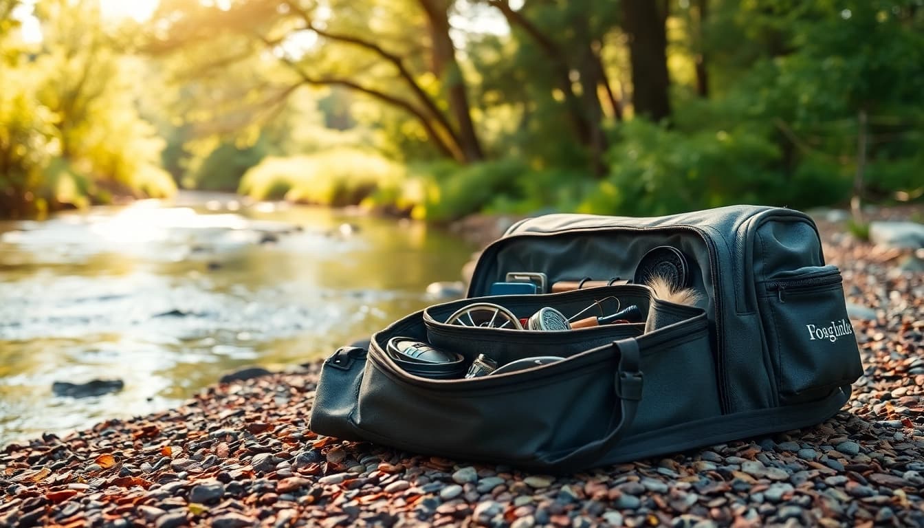 Captivating fly fishing bag arranged attractively with gear, showcasing functionality and design.