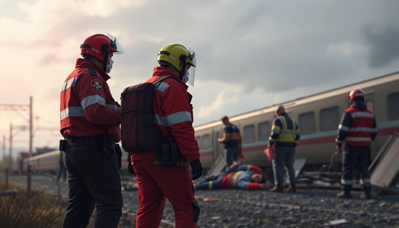 Responders helping victims of the spain train crash at an emergency scene.