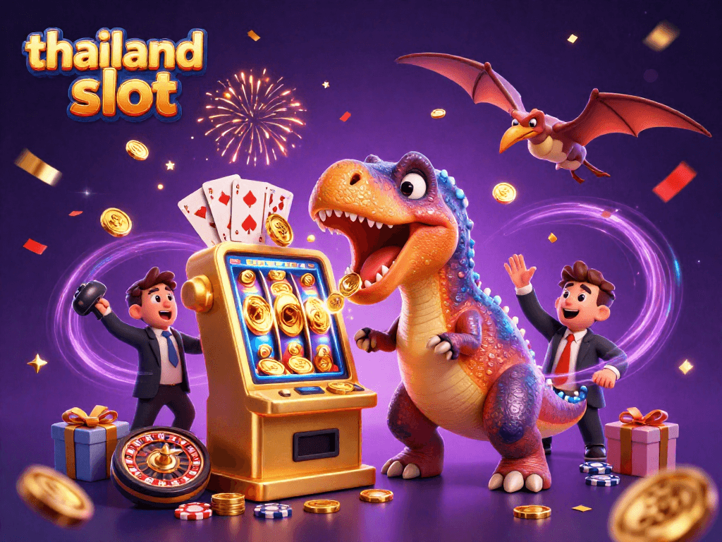 Experience the thrill of thailand slot with a dinosaur winning a jackpot and coins flying everywhere.