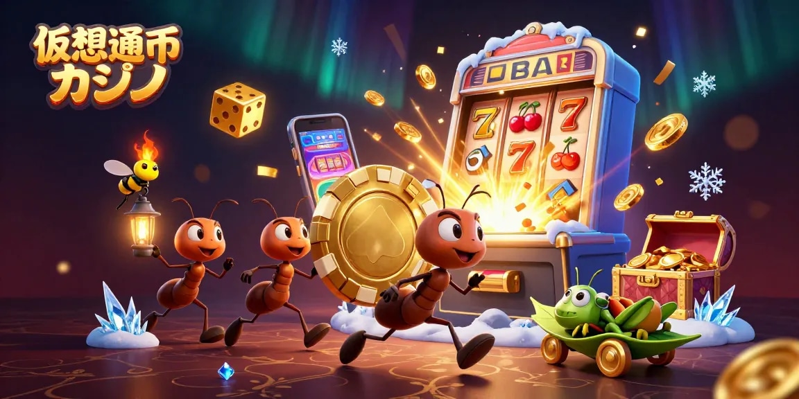 仮想通貨 カジノでのスリリングなシーンを描いたイラスト、アリたちが巨大なポーカーチップを運び、周囲にはジャックポットが爆発している様子がある。