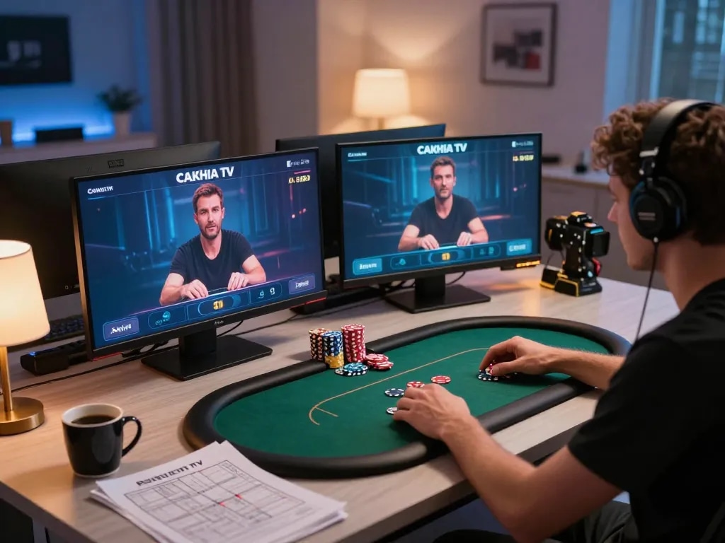 Cakhia TV poker action in a cozy home setup with a player focused on online gambling strategy.
