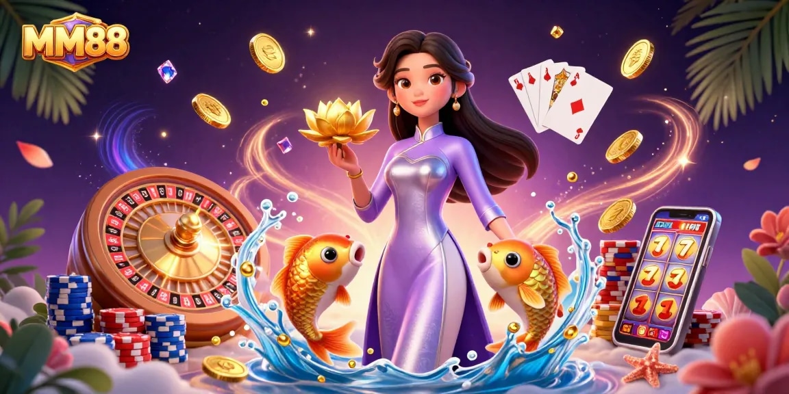 Experience excitement at MM88 with vibrant 3D casino elements, including golden koi fish and cascading coins.