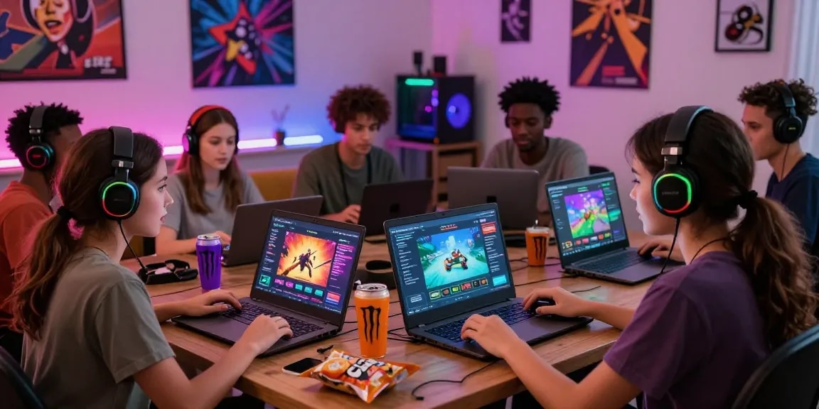Exciting scene of players engaging in HTML porn games on various devices, showcasing a vibrant gaming atmosphere.