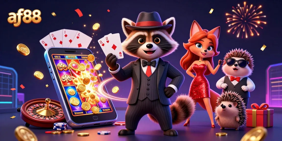 Join the excitement at af88 with a suave raccoon and a charming fox in a vibrant casino scene.