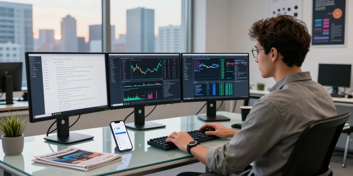 Developer utilizing multi-exchange data interface in fintech workspace with multiple monitors and coding tools.