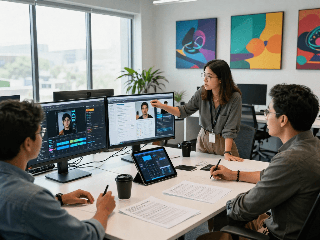 AI detector team analyzing flagged content in a modern workspace.