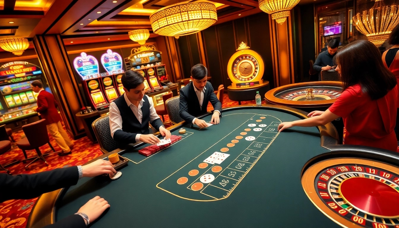Scène excitante au meilleur casino avec une table de blackjack et des machines à sous vibrantes, parfait pour meilleur casino en ligne.