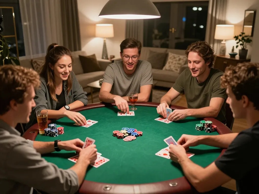 Friends enjoy a friendly poker night at home, showcasing strategic gameplay and fun in a dynamic setting—lista casino online stranieri atmosphere.