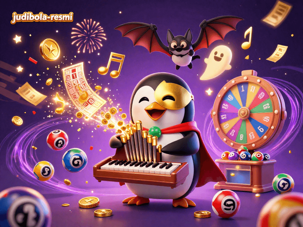 Experience thrilling gaming action with judibola-resmi featuring a cartoon penguin amidst gold coins and lottery elements.
