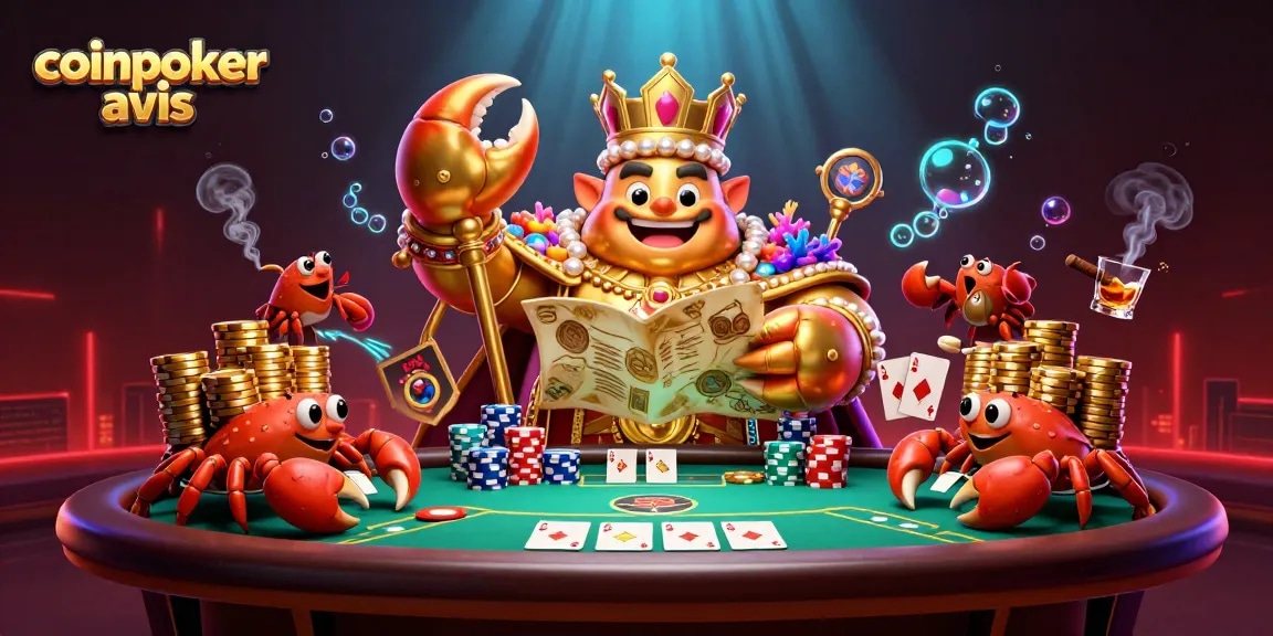 CoinPoker avis : Découvrez le roi du poker avec un crabe empereur et des jetons d'or.