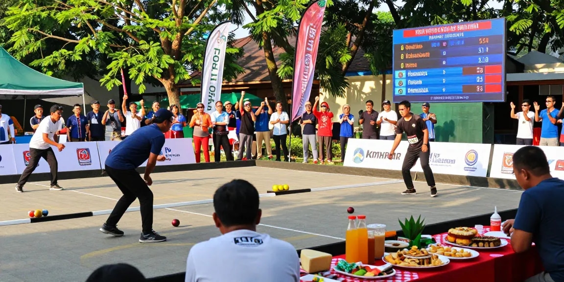 Suasana turnamen petanque di fopikotapalu.org dengan pemain beraksi dan penonton bersemangat di bawah sinar matahari.