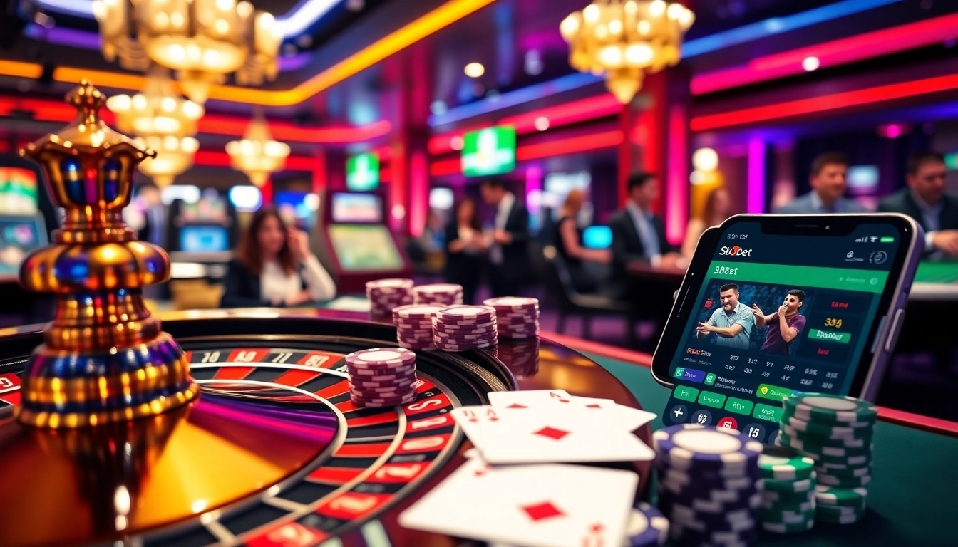 Experience the thrill of betting on SBOBet with vibrant gambling visuals and casino elements.