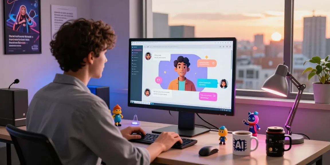 Engaging crushon ai chat scene with user and vibrant AI character in a modern workspace.