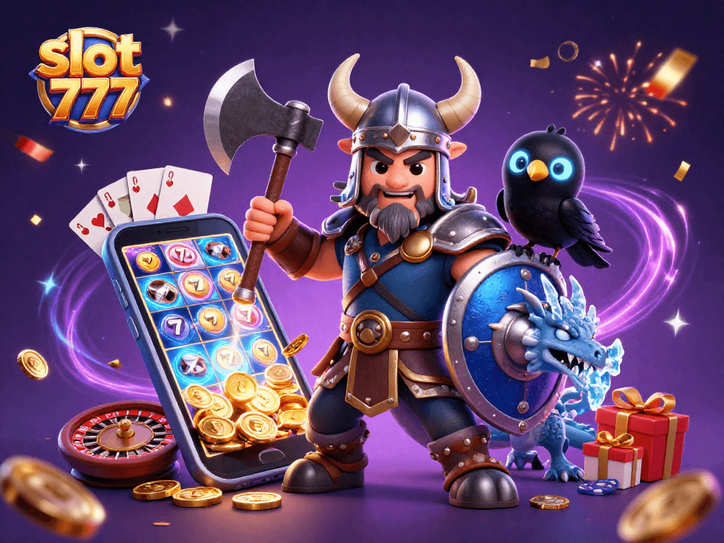 Slot 777 menghadirkan pengalaman menarik dengan karakter Viking dan elemen permainan slot online seperti koin emas dan kartu.