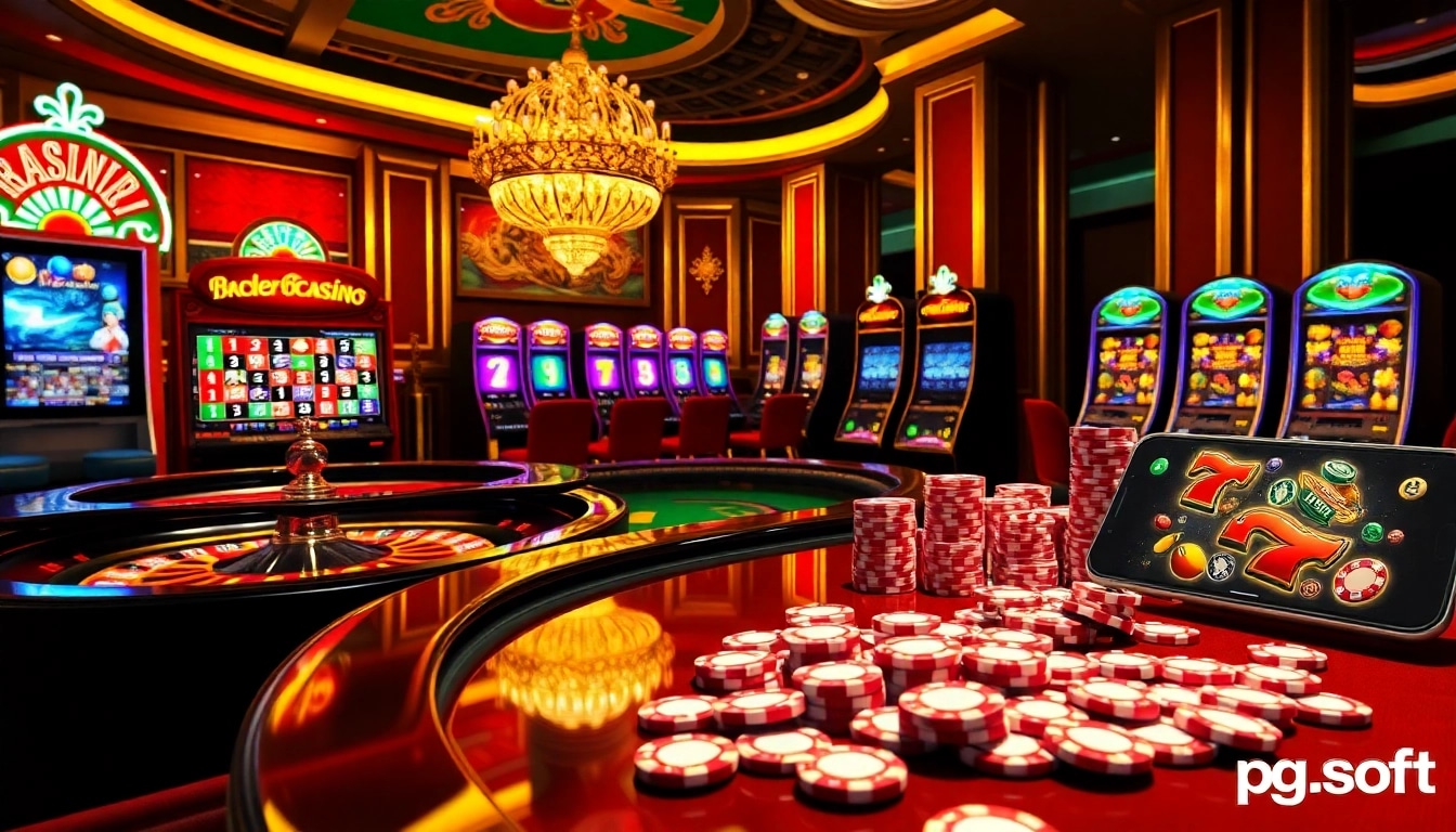 Experience thrilling gaming action with pg soft mobile games in a luxurious casino setting.
