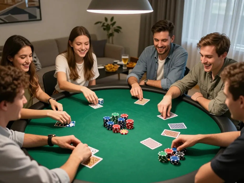 Friends enjoying a poker game at home, showcasing FAFA 828 moments filled with excitement.