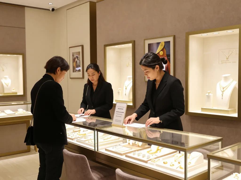 Understanding jewelry craftsmanship in an elegant store with gold and diamond displays.