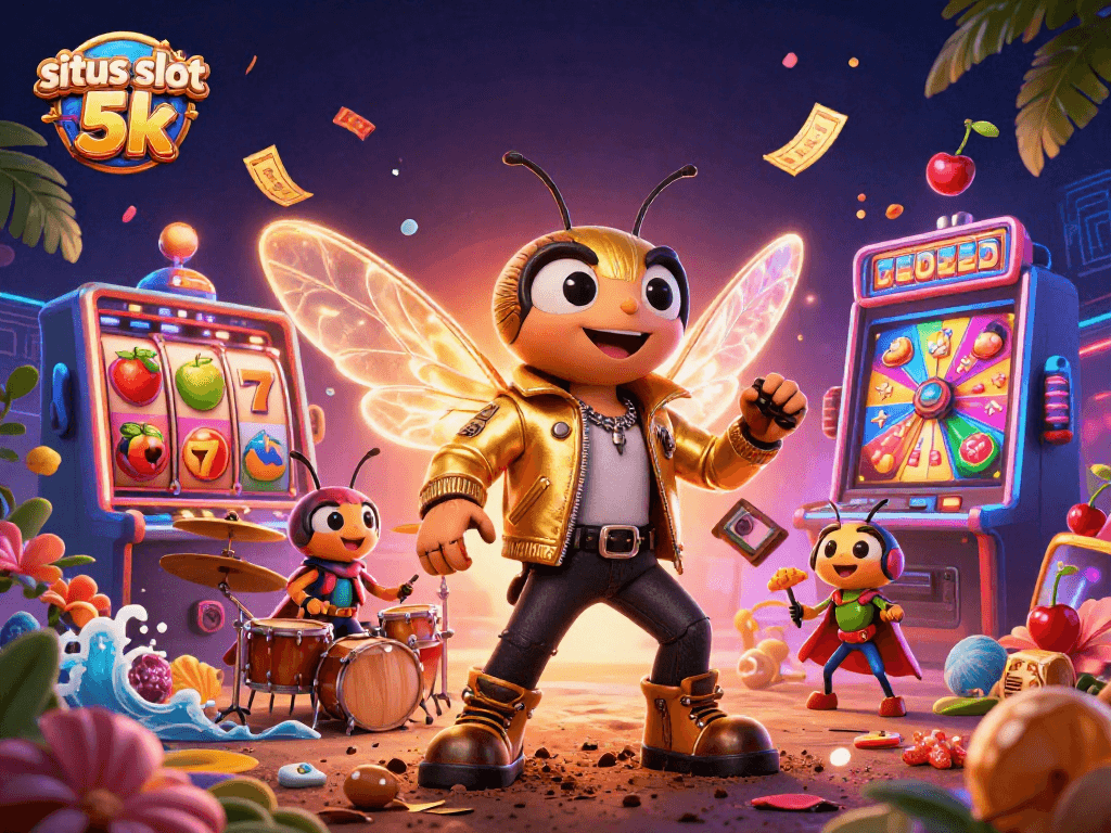 Play exciting slots with situs slot 5k in an electrifying casino scene featuring vibrant characters and games.