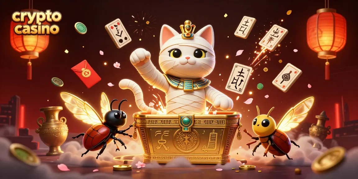 Gioca nei crypto casino con una mummia egiziana e accompagnata da uno scarabeo luminoso.