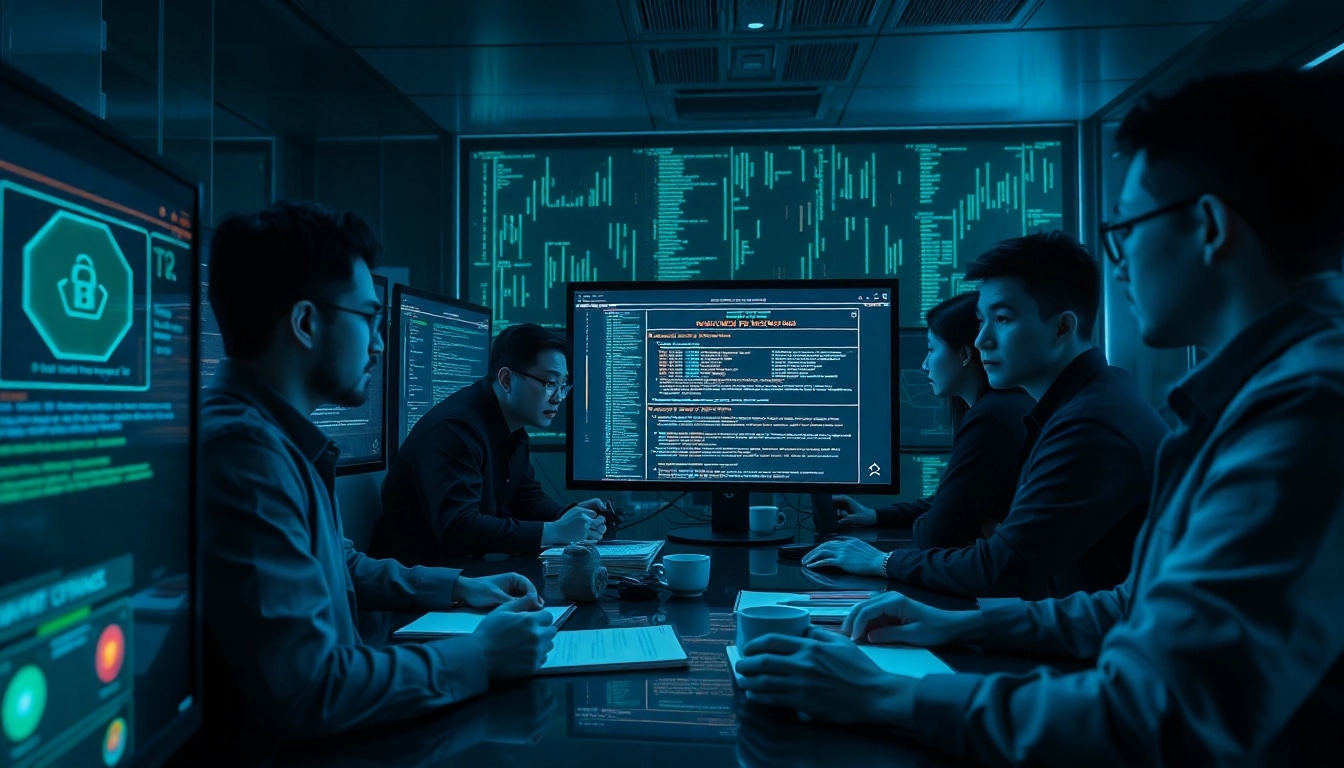 The hidden wiki investigation scene with a focused cybersecurity team analyzing blockchain data.