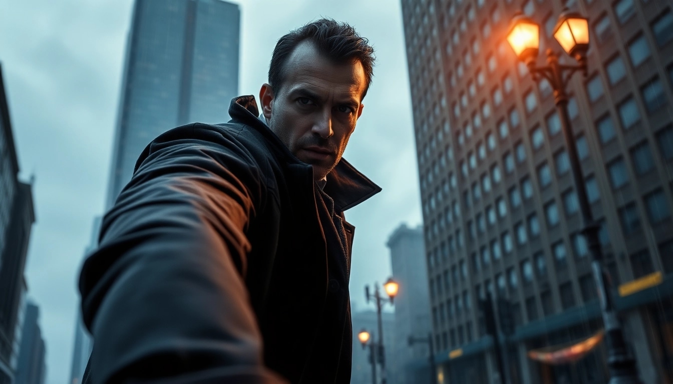 Detective navigating a suspenseful urban scene, inspired by shows like Reacher.