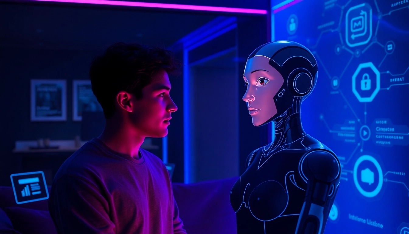 Engaging AI sex chat scene with a lifelike hologram avatar and immersive digital interactions.
