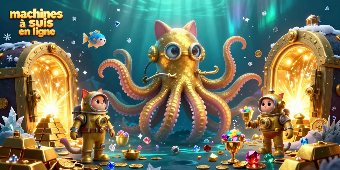 Profitez des machines à sous en ligne avec un kraken légendaire et un chat plongeur entouré de trésors lumineux.