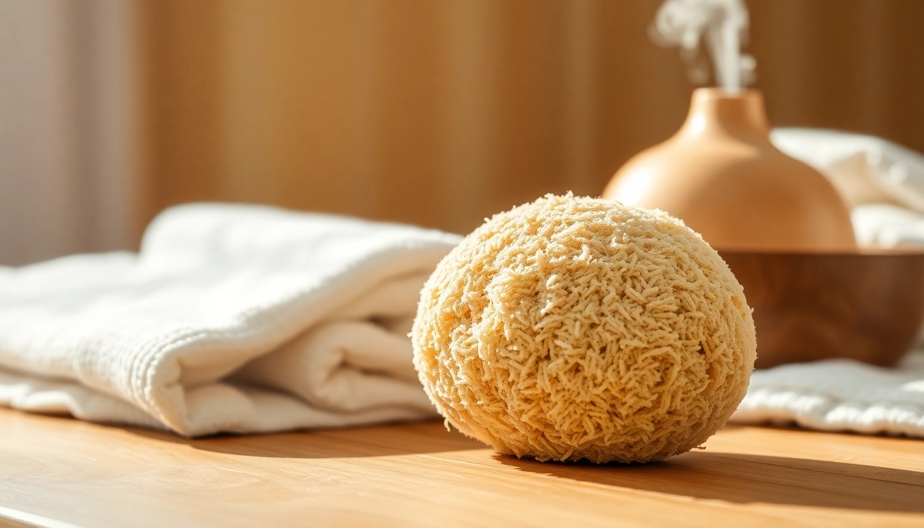 Using a raw loofah sponge for exfoliation and natural skincare.