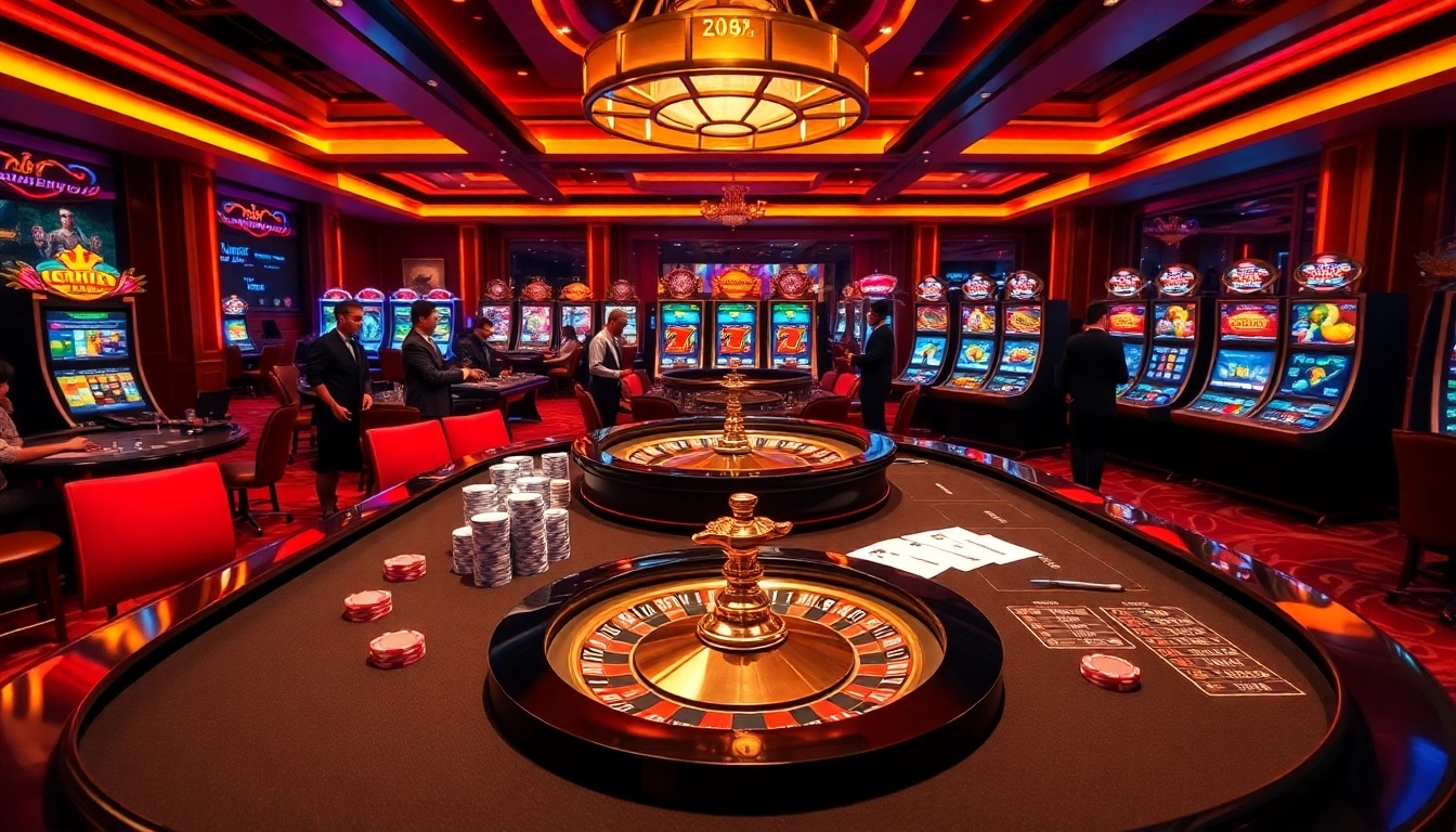Gambling scene at Nhà Cái 789P featuring vibrant roulette wheels and elegant casino tables.