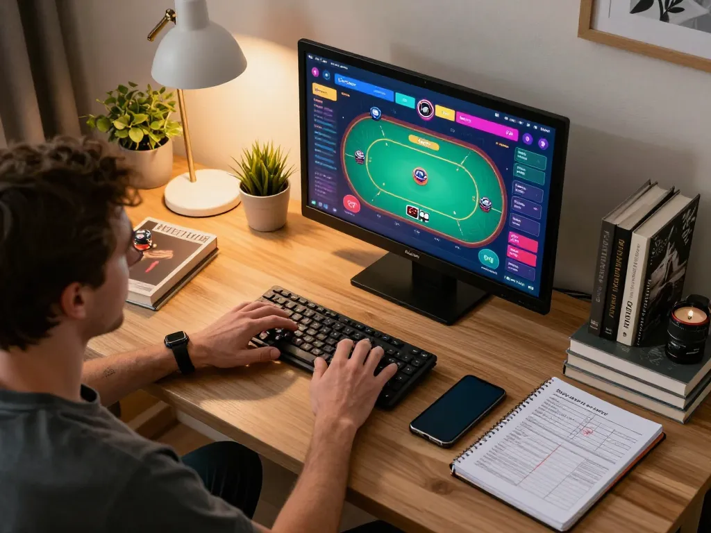 Engaged player strategizing with hidden wiki tor links open during online poker gameplay for better odds.