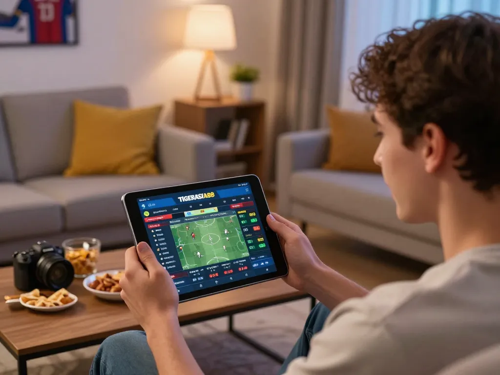 TIGERASIA88: Engaged user placing a bet on sports through a tablet in a cozy home environment.