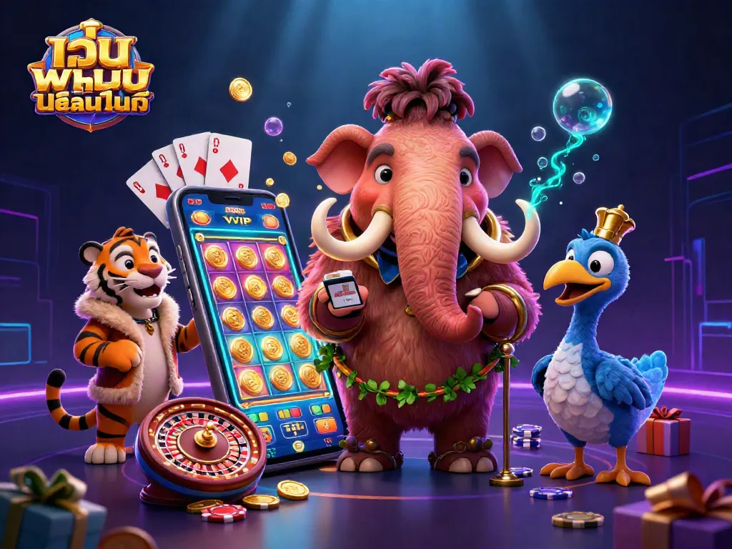 ภาพการ์ตูน 3D ของเว็บพนันออนไลน์บนมือถือ แสดงเกมสล็อตและตัวละครน่ารัก