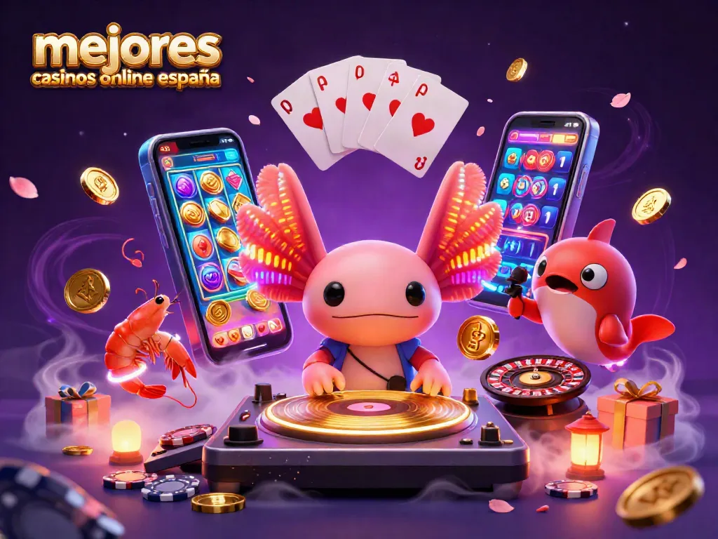 Juega en los mejores casinos online España con ilustración vibrante de un DJ axolote en acción.