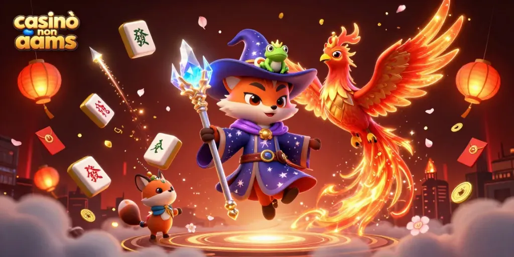 Gioca ai casinò non AAMS con un vulcanico cavaliere e creature magiche in un'illustrazione vivace.